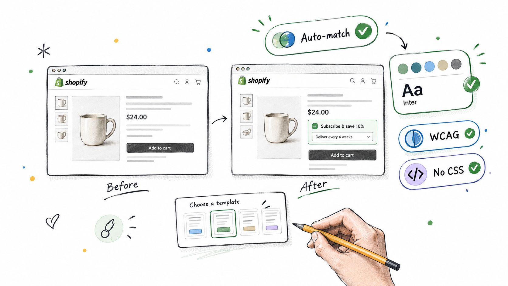 A hand-drawn illustration showing how Shopify subscription forms automatically match your existing store design and branding.