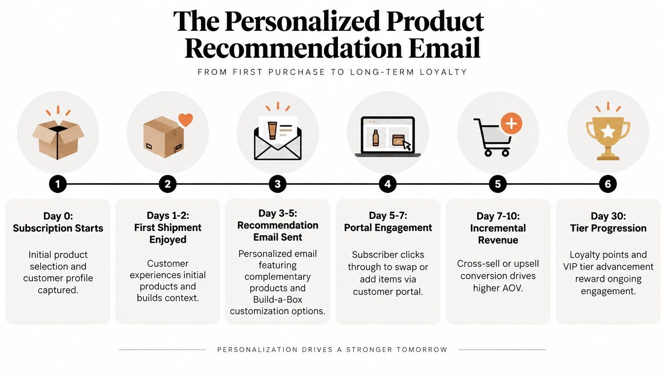 A six-step infographic showing the timeline for personalized product recommendation emails to build long-term customer loyalty.