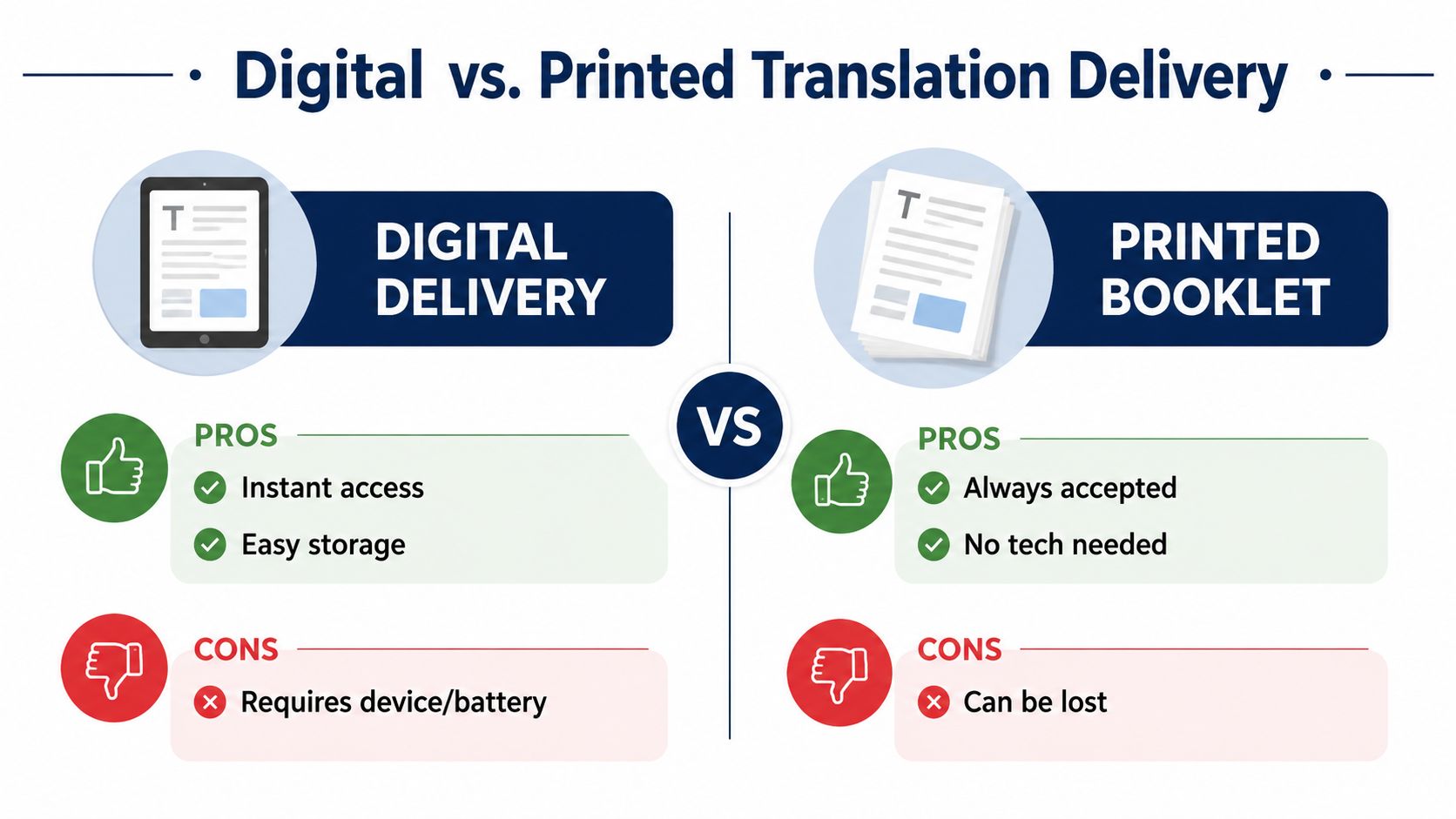 A comparison chart showing the pros and cons of digital translation delivery versus printed booklet formats.