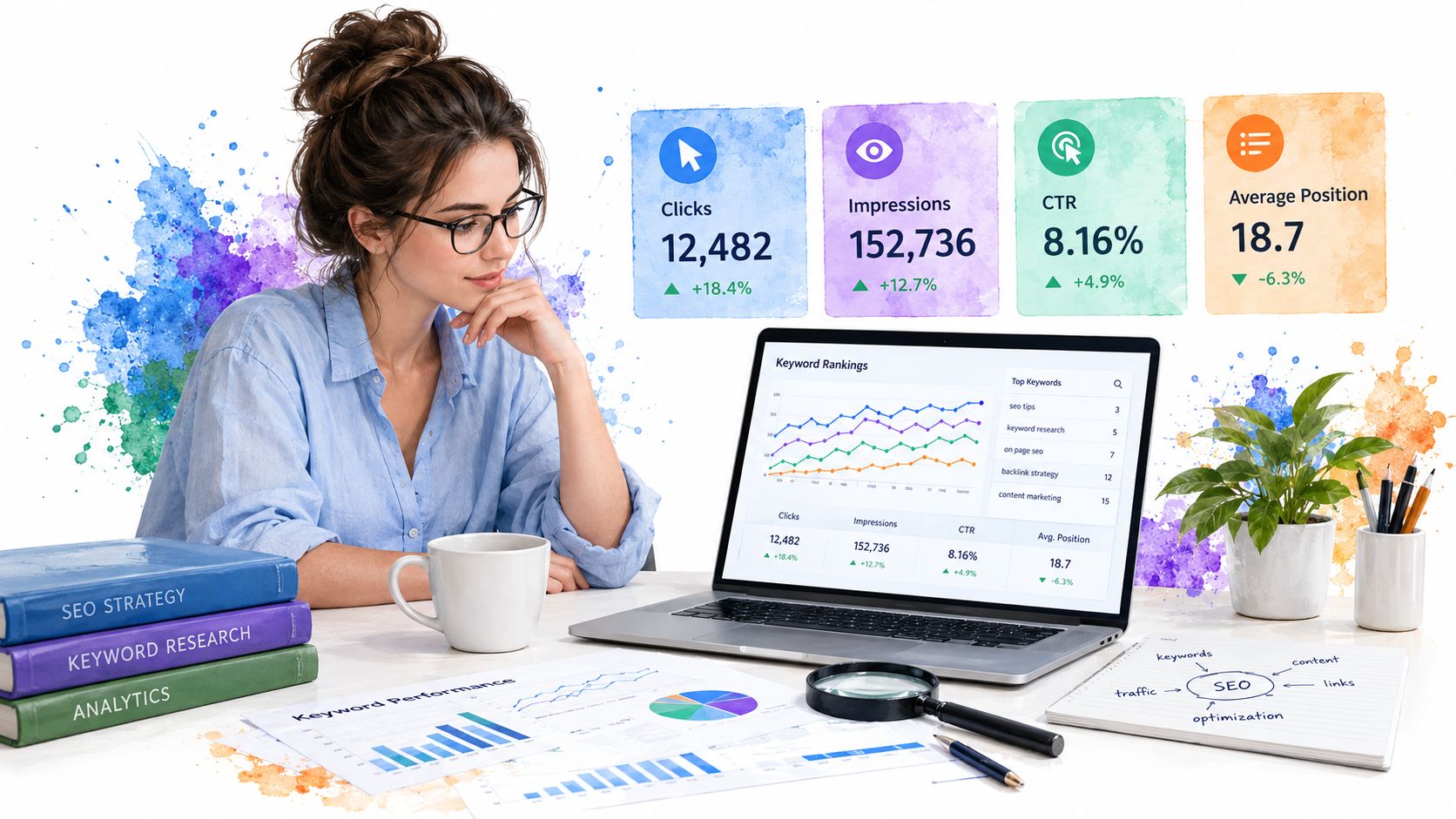 A professional woman analyzes digital SEO data and keyword ranking reports on a laptop in a bright office.