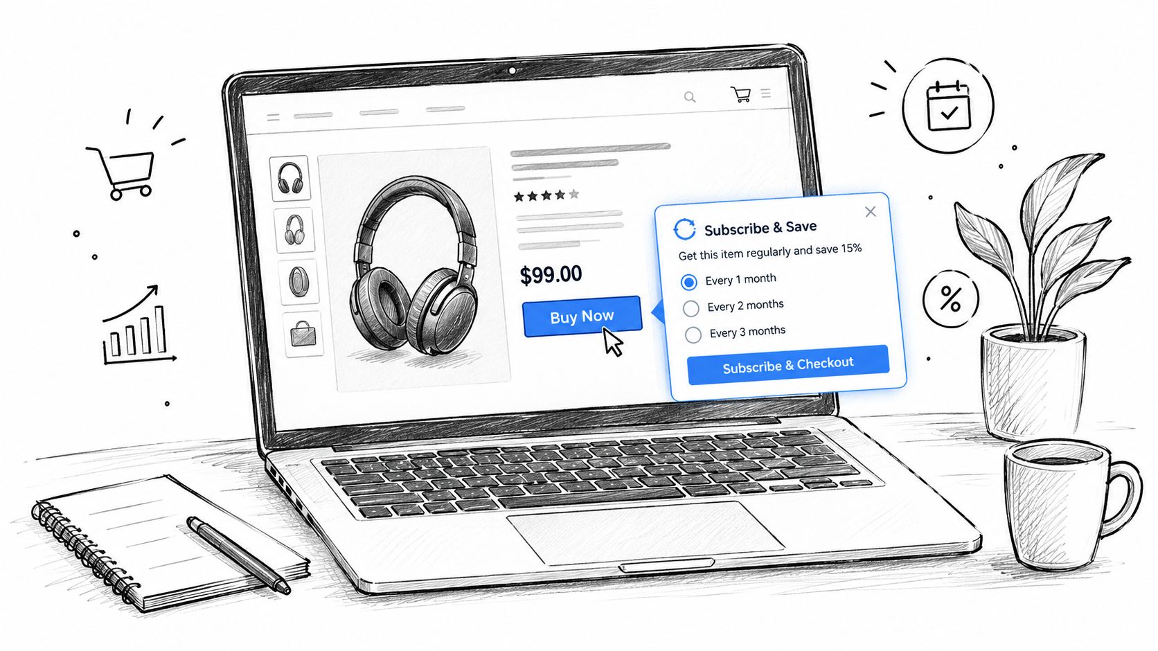 A hand-drawn sketch of a laptop displaying a subscription e-commerce page with headphones and purchase options.