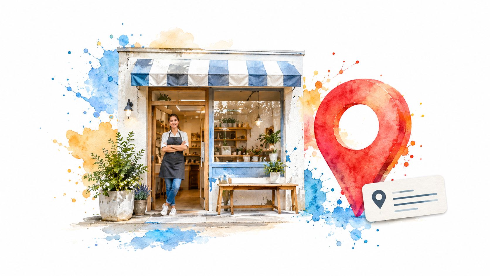 A friendly business owner standing at the entrance of her small shop with a location pin icon