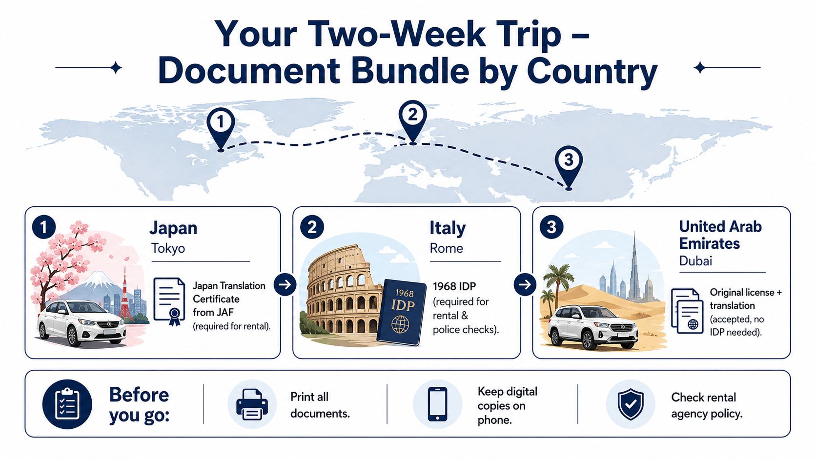 An infographic showing driving permit requirements for travel to Japan, Italy, and the United Arab Emirates.