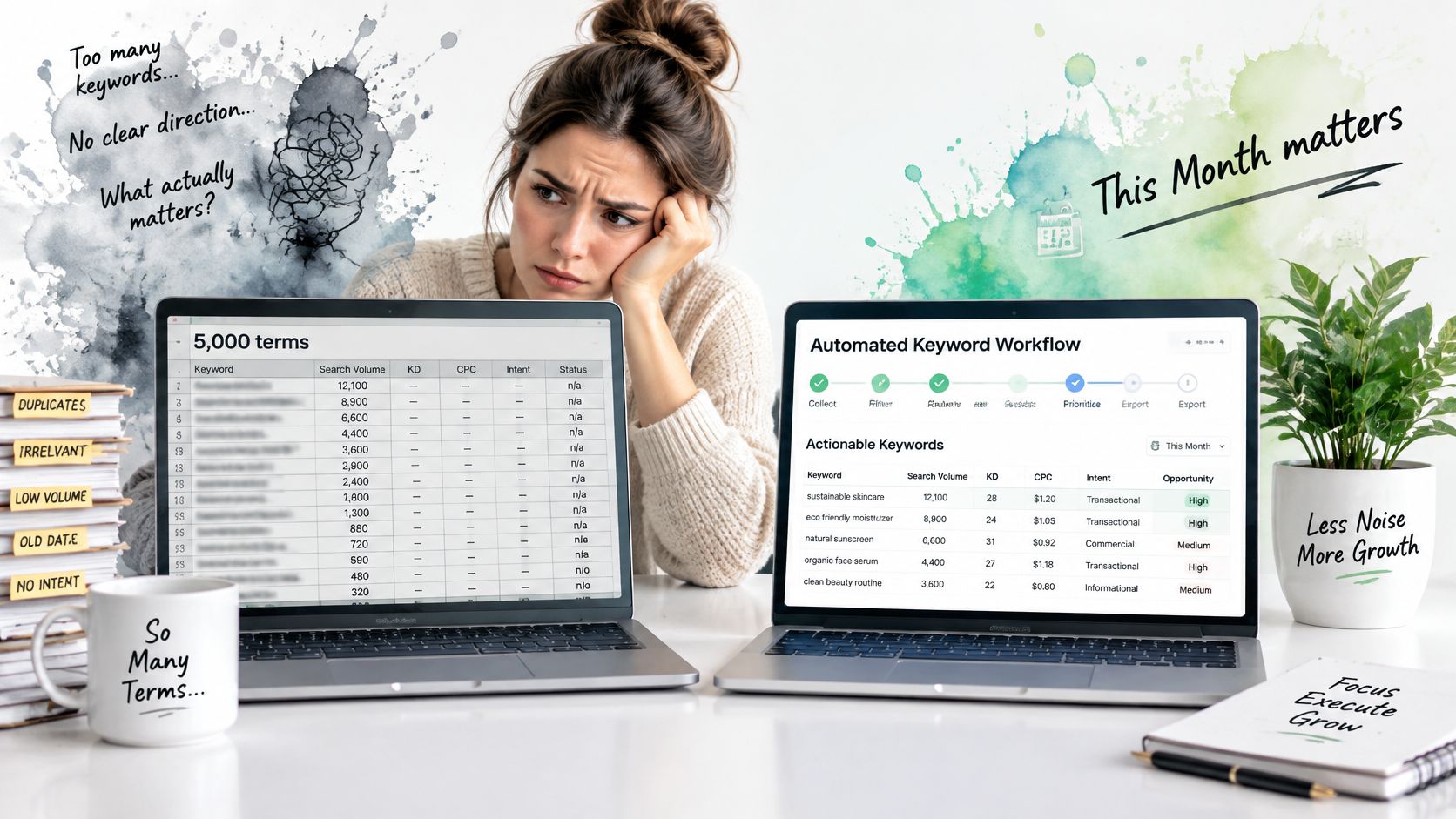 A woman feeling overwhelmed by a cluttered keyword list, contrasting with a streamlined automated keyword research workflow.