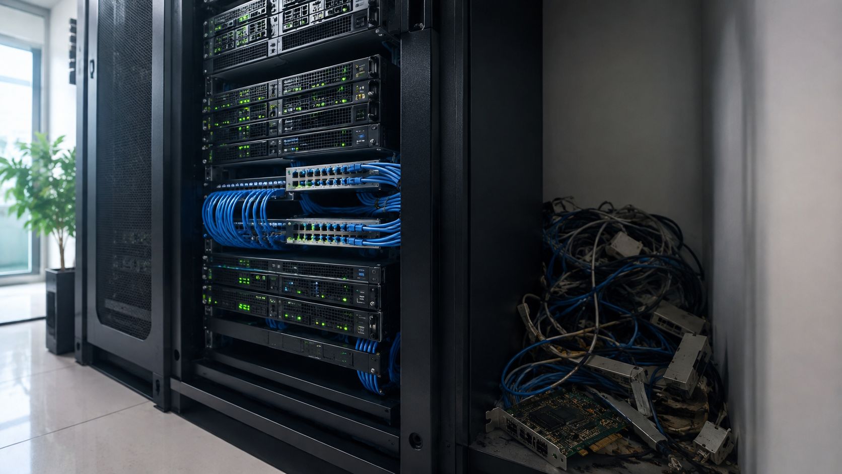 A data server rack with active networking equipment alongside a pile of tangled cables and components.