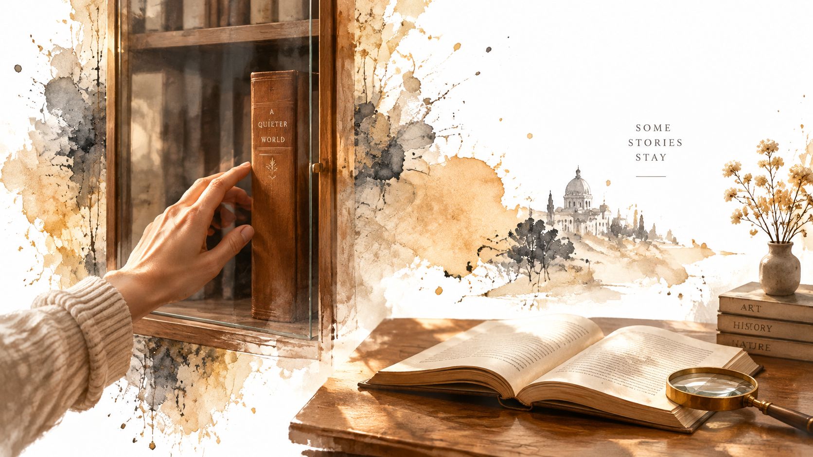 A hand reaches for a book in a library shelf alongside a watercolor sketch of a city.