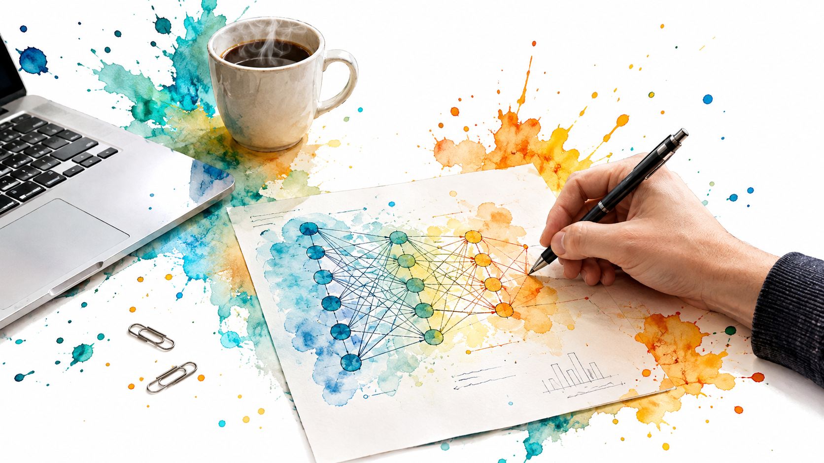 A hand drawing a neural network diagram on paper with coffee and a laptop nearby.