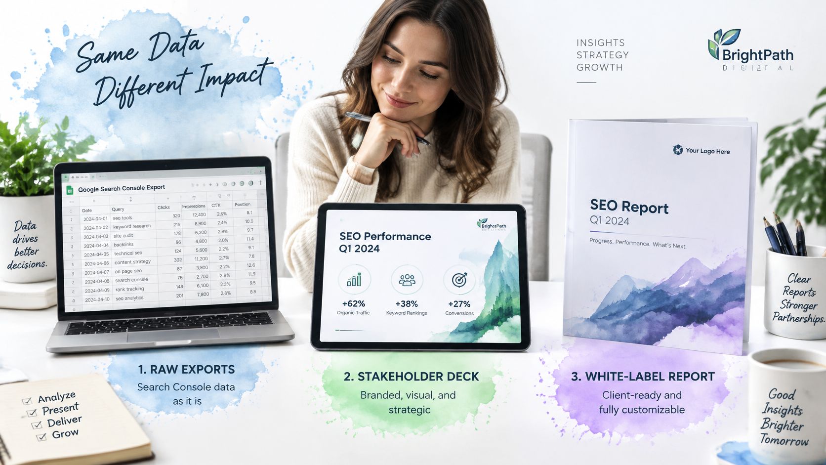 A professional analyzing data on a laptop, tablet, and printed report to illustrate SEO performance tracking.