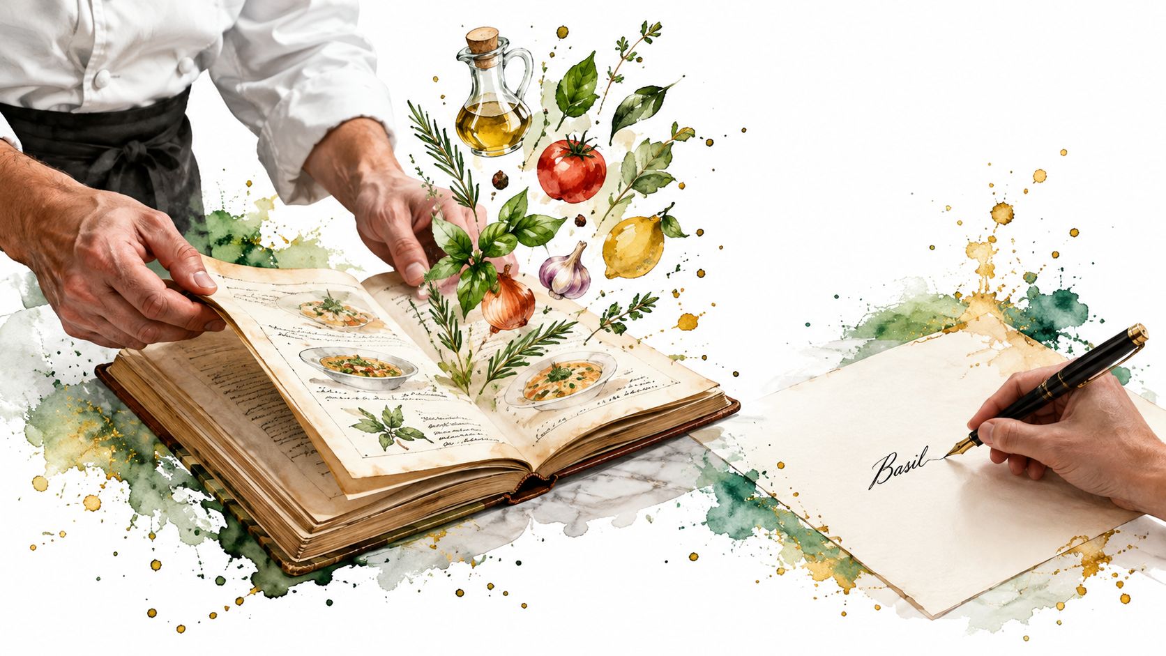 A chef opens a vintage cookbook while ingredients float out, and a hand writes the word Basil.