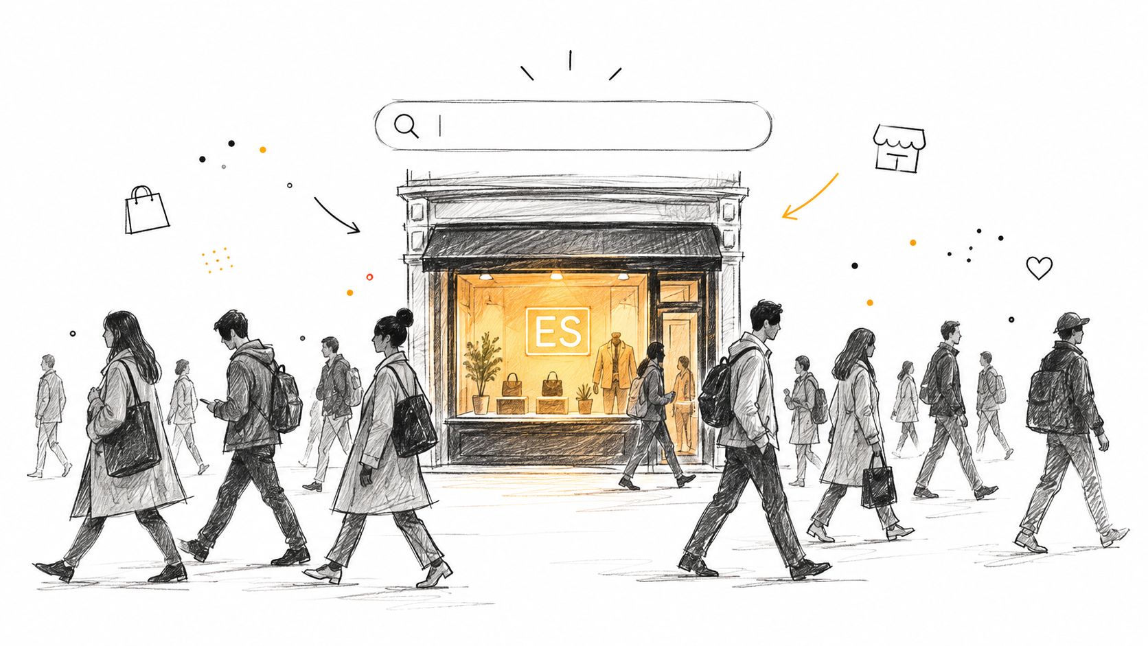 Sketch of pedestrians walking in front of a store with a large search bar floating above it.