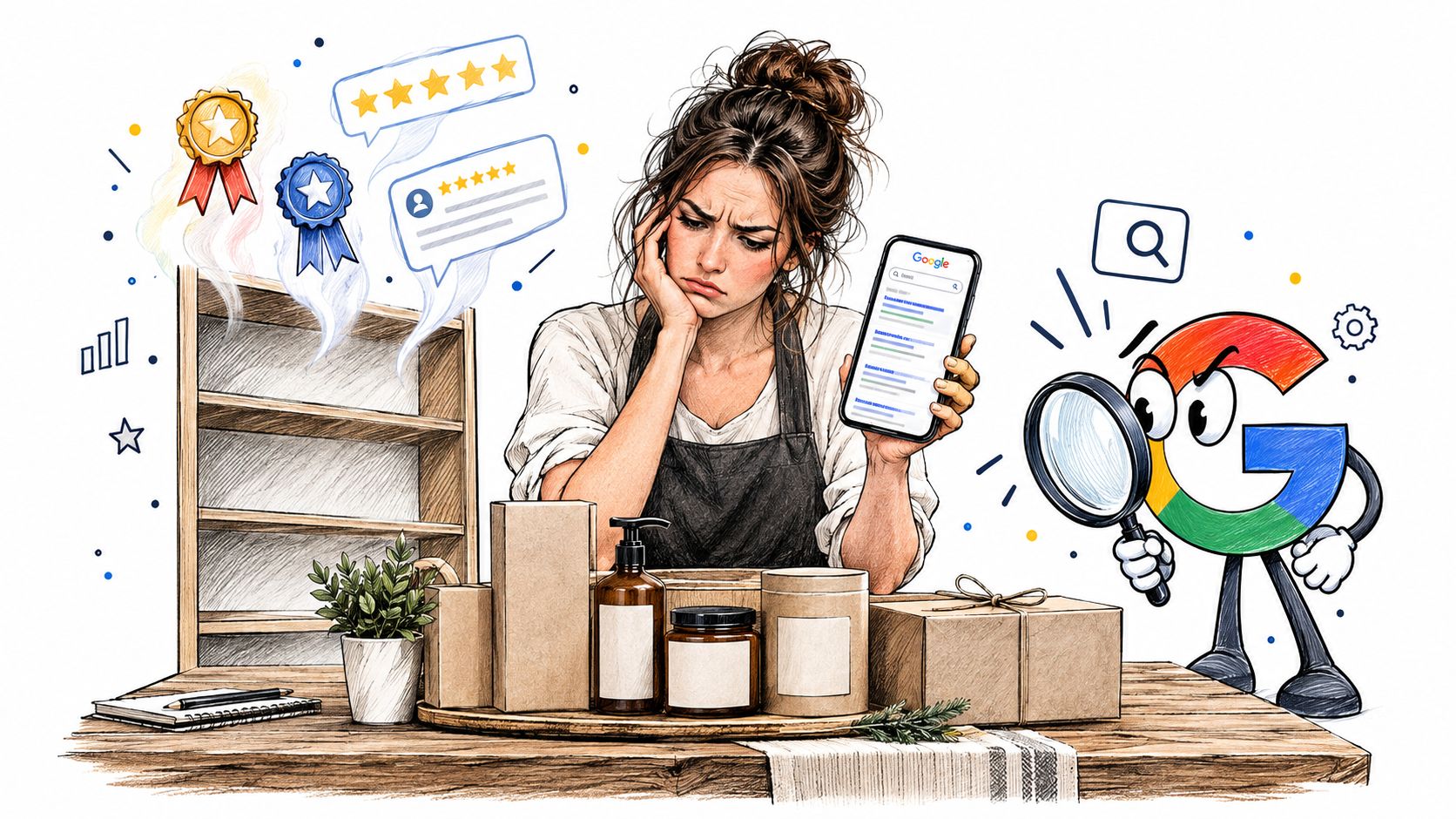 A concerned small business owner examining search results on a phone while being monitored by Google.