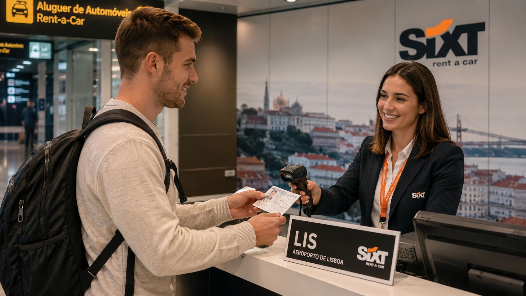 A male traveler hands a document to a female Sixt rental car agent at Lisbon Airport counter.