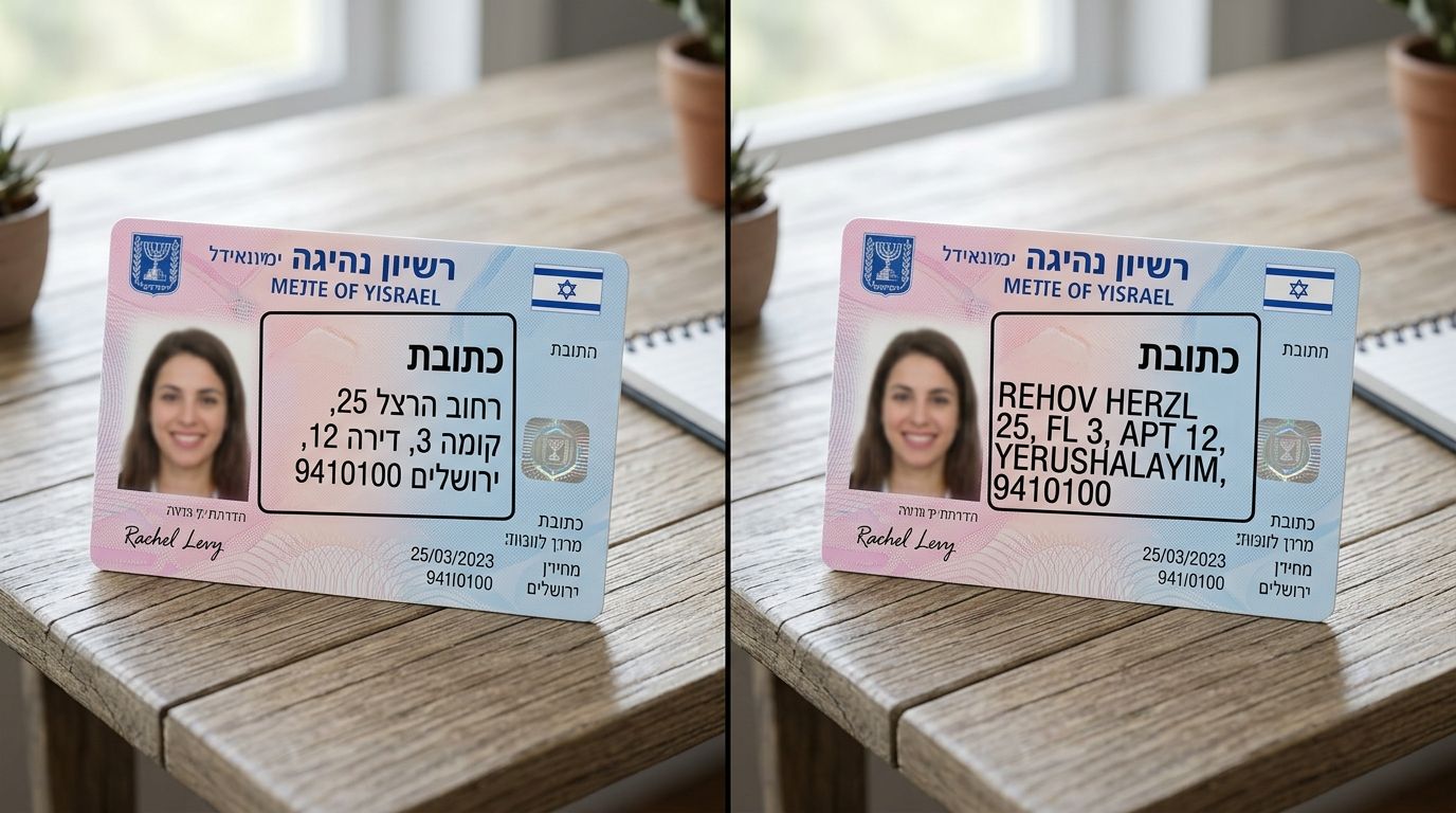 Two versions of an Israeli-style identification card displayed side by side on a wooden desk surface.