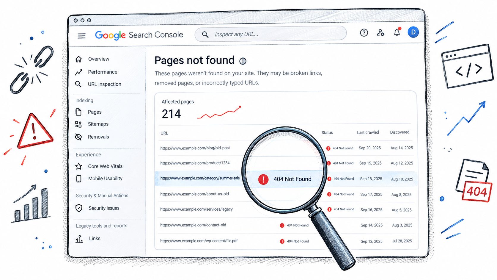 A digital illustration showing the Google Search Console interface displaying a list of 404 broken website links.