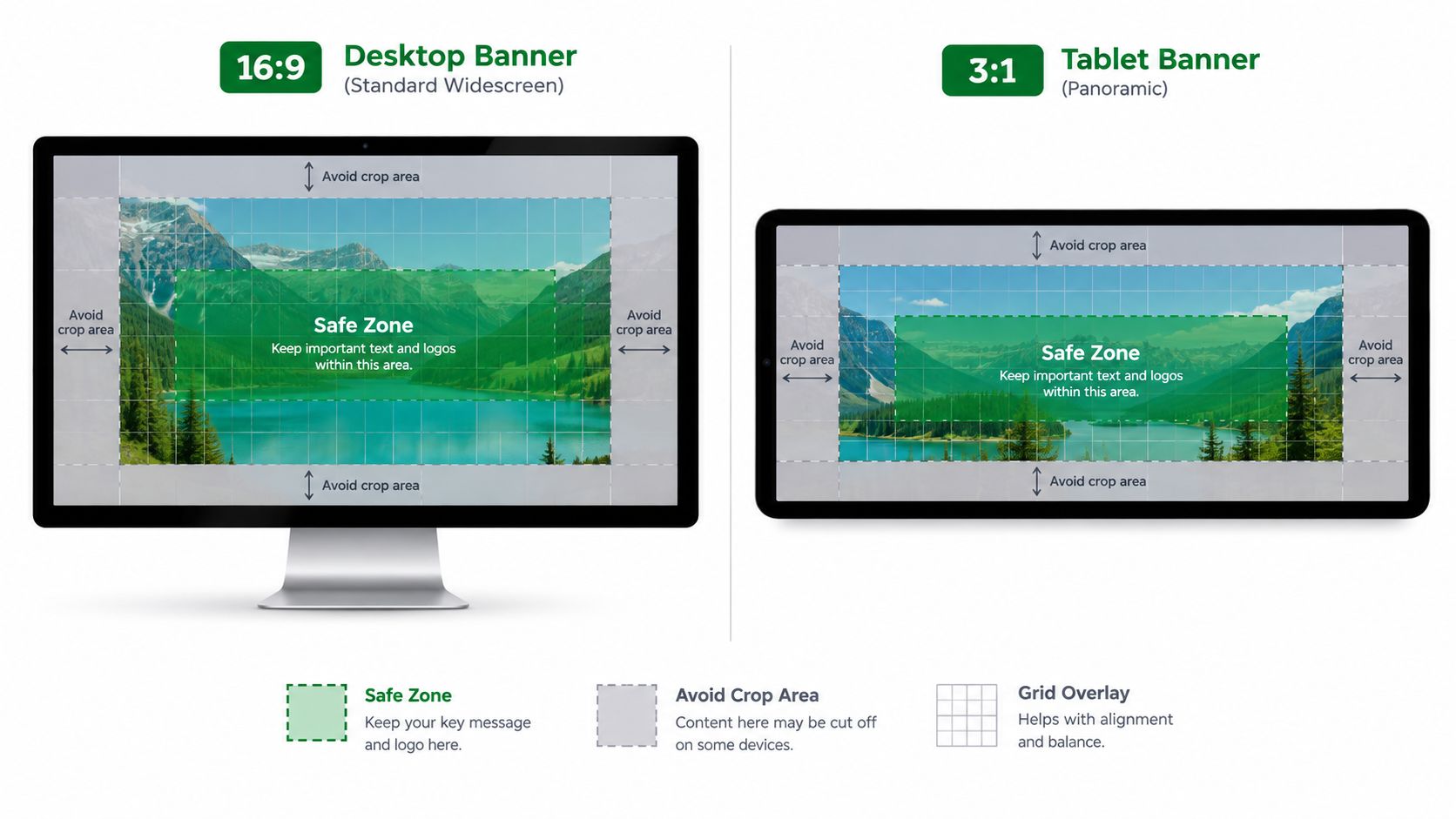 A diagram illustrating safe zones and avoid crop areas for 16:9 desktop and 3:1 tablet website banners.