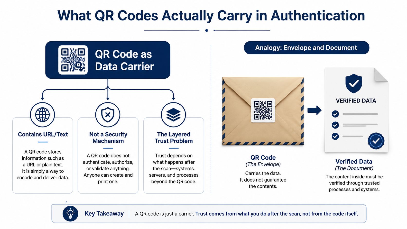 An infographic explaining that QR codes are only data carriers and not security mechanisms for authentication.