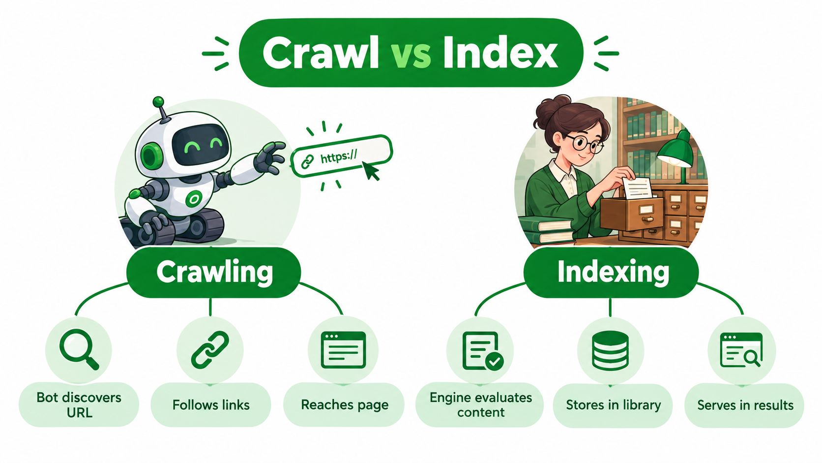An infographic illustration explaining the difference between web crawling and indexing for search engine optimization.