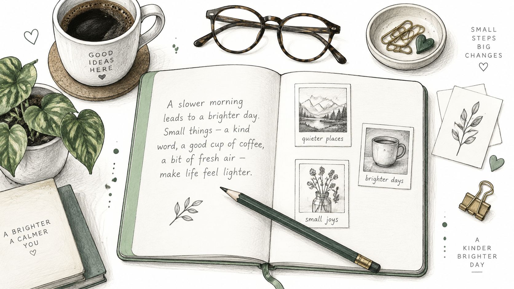 An overhead flatlay view of a cozy desk with a notebook, coffee, glasses, and decorative sketches.