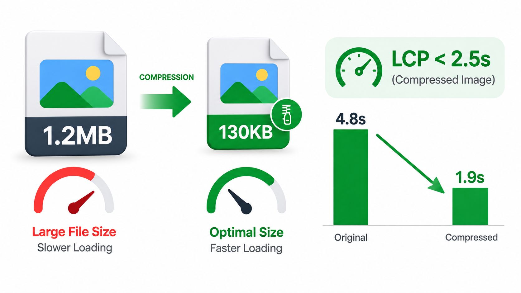 A diagram comparing image compression, showing reduction from 1.2MB to 130KB and improved loading speeds from 4.8s to 1.9s.