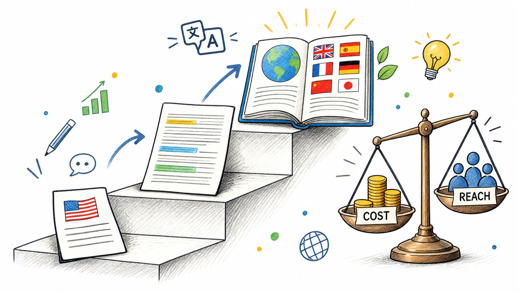 A hand-drawn illustration depicting the steps to localize content, balancing business costs against global audience reach.