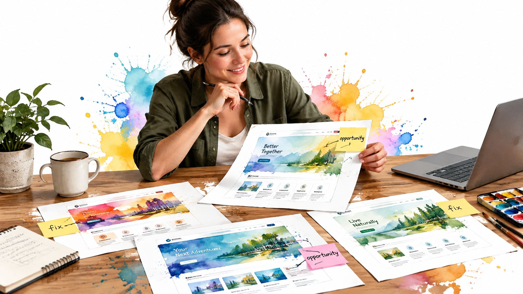 A creative professional reviews website design mockups on a desk with watercolor illustrations and sticky notes.