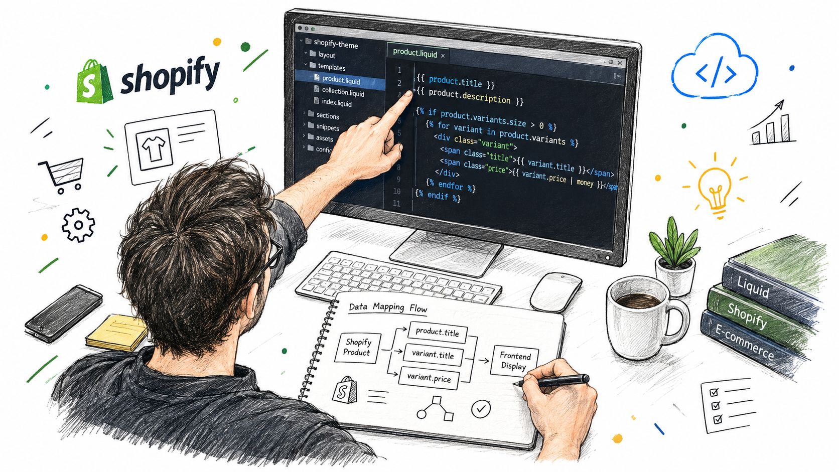 A developer coding a Shopify product template on a computer screen while mapping data flow in a notebook.