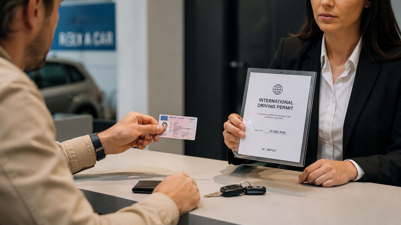 A customer hands his driver's license to a rental agent holding an international driving permit document.
