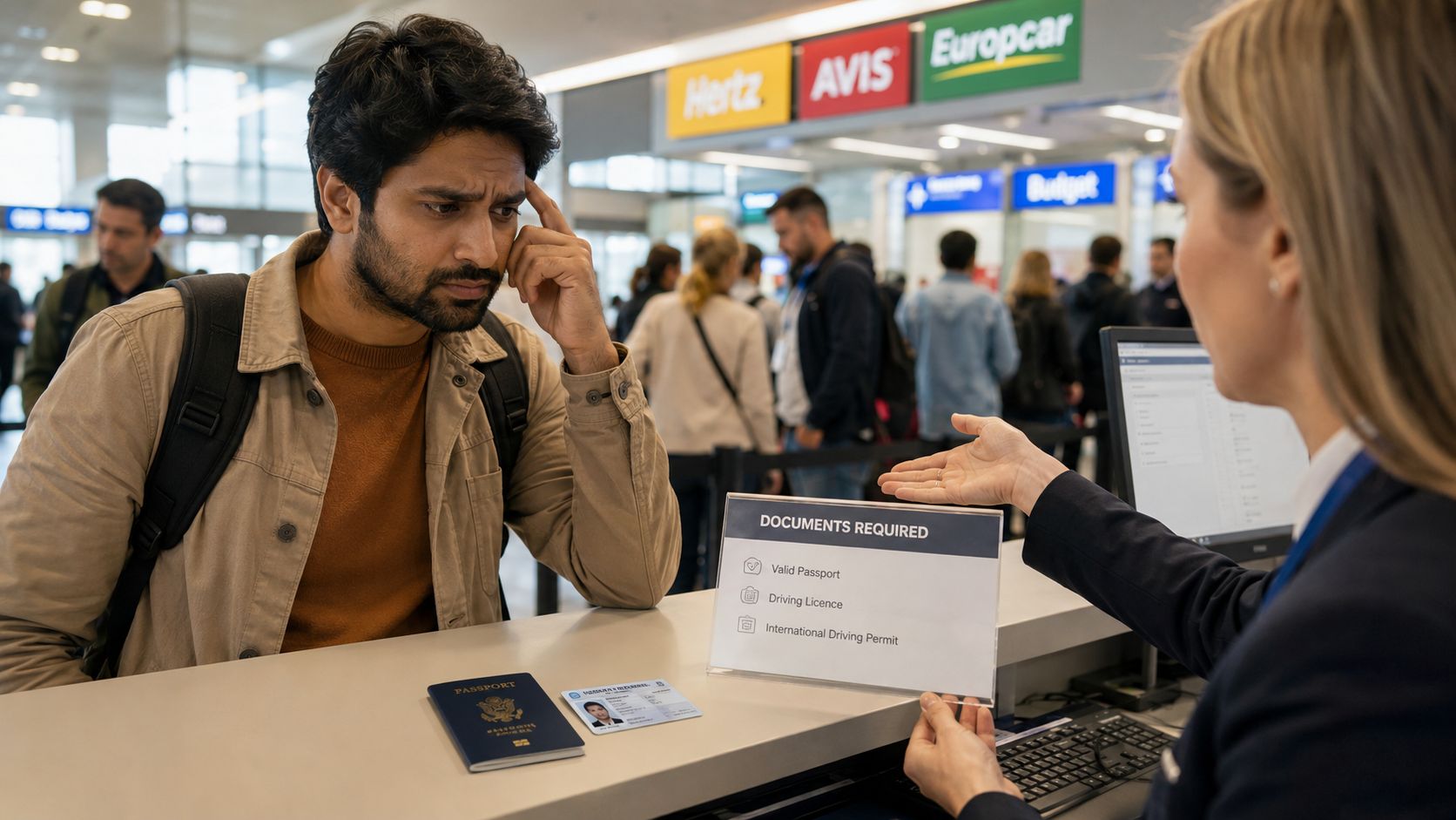 A concerned traveler consults with an airport rental car agent about required international driving documentation.