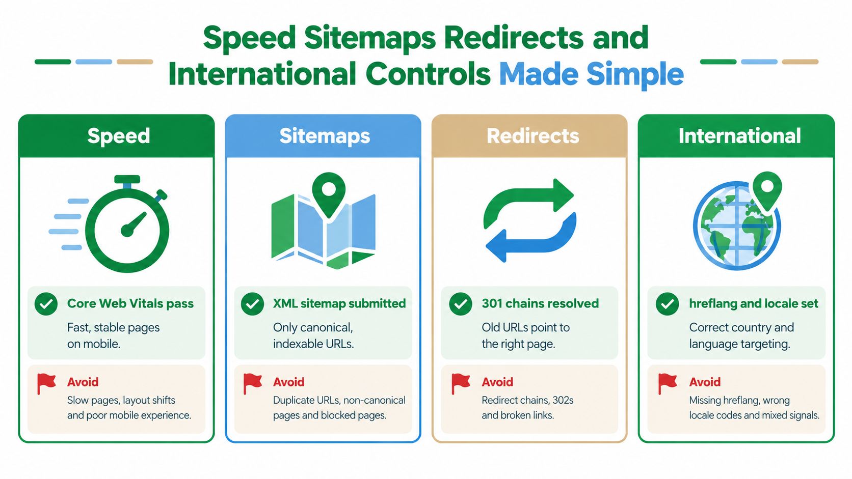 An infographic summarizing technical SEO pillars including site speed, sitemaps, redirects, and international targeting best practices.