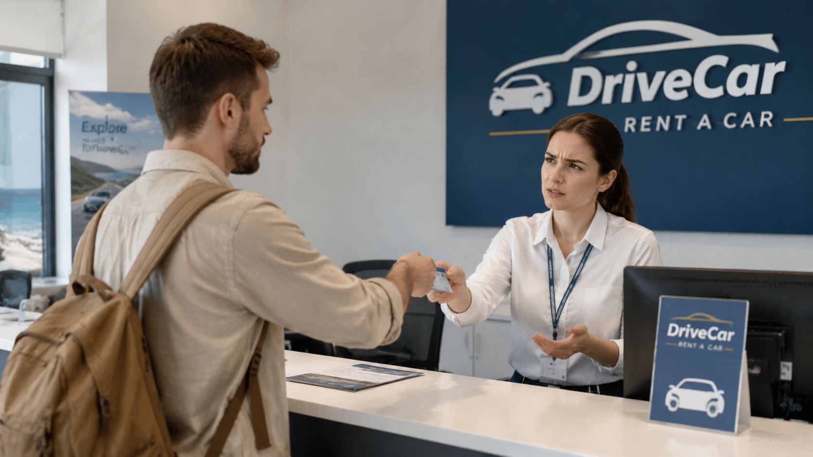 A man hands his identification card to a female car rental agent at the DriveCar front desk.