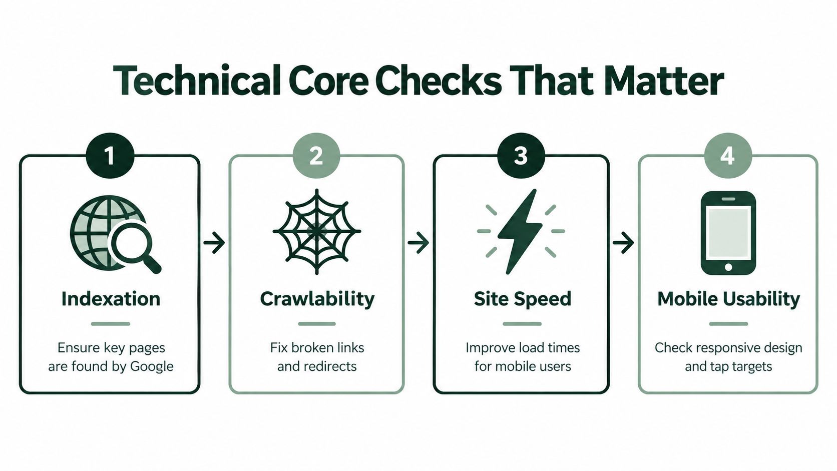 A four-step infographic illustrating essential technical SEO checks, including indexation, crawlability, site speed, and mobile usability.