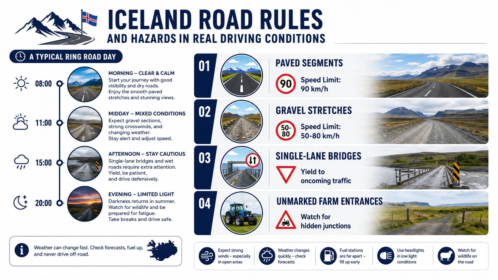 An infographic detailing Iceland road rules, featuring speed limits, hazards, and daily driving safety tips for tourists.