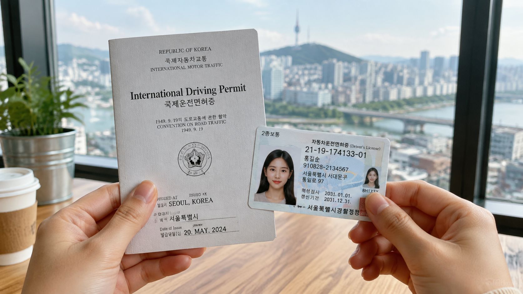 A person holding a South Korean International Driving Permit and a domestic driver's license with a cityscape background.