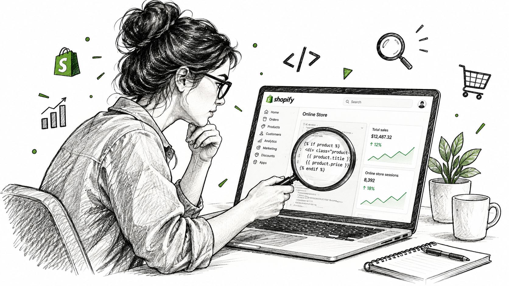 A woman sketching code on a laptop screen with a magnifying glass in a Shopify environment.