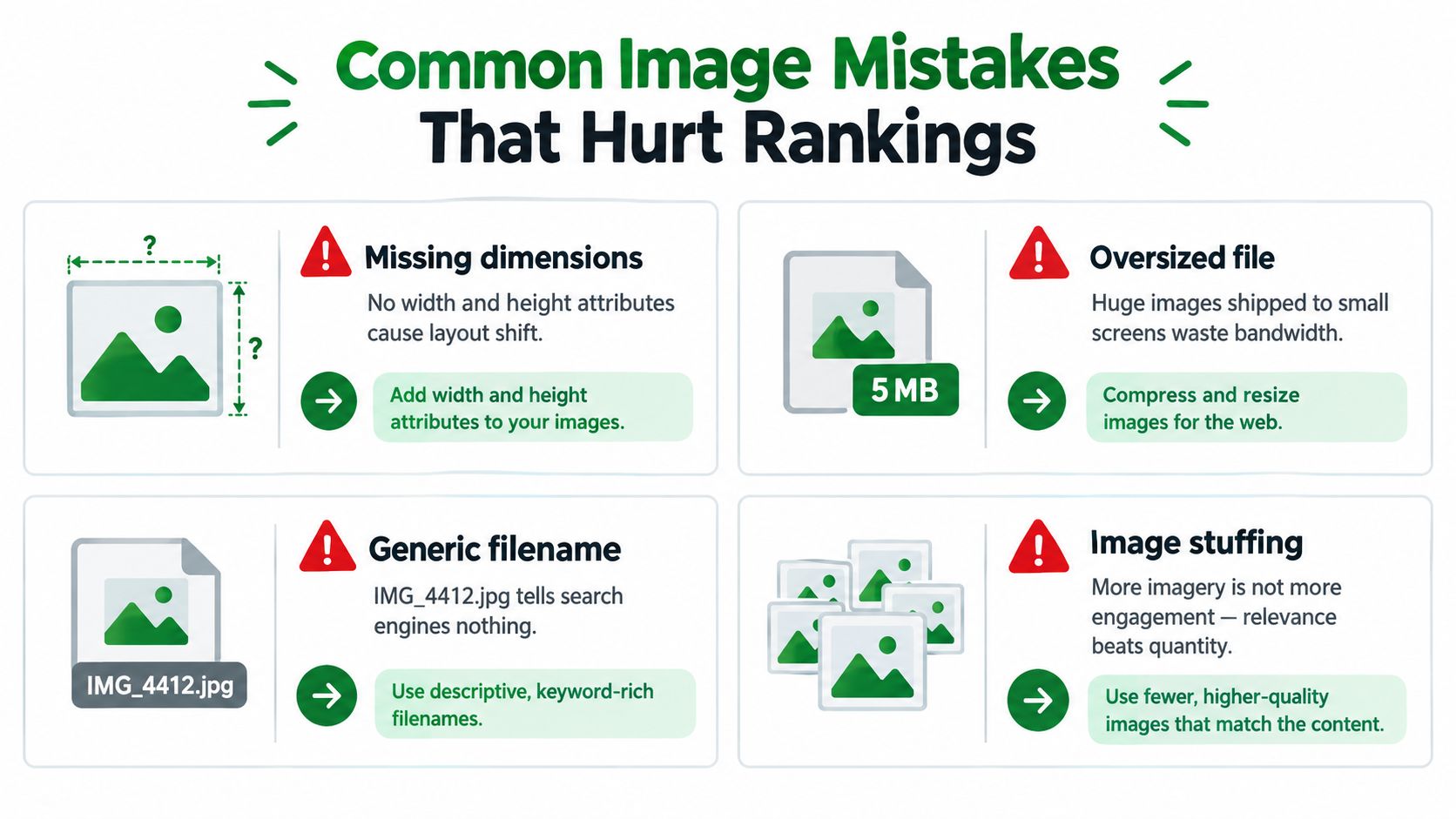 An infographic showing four common SEO mistakes related to website images, including oversized files and generic filenames.