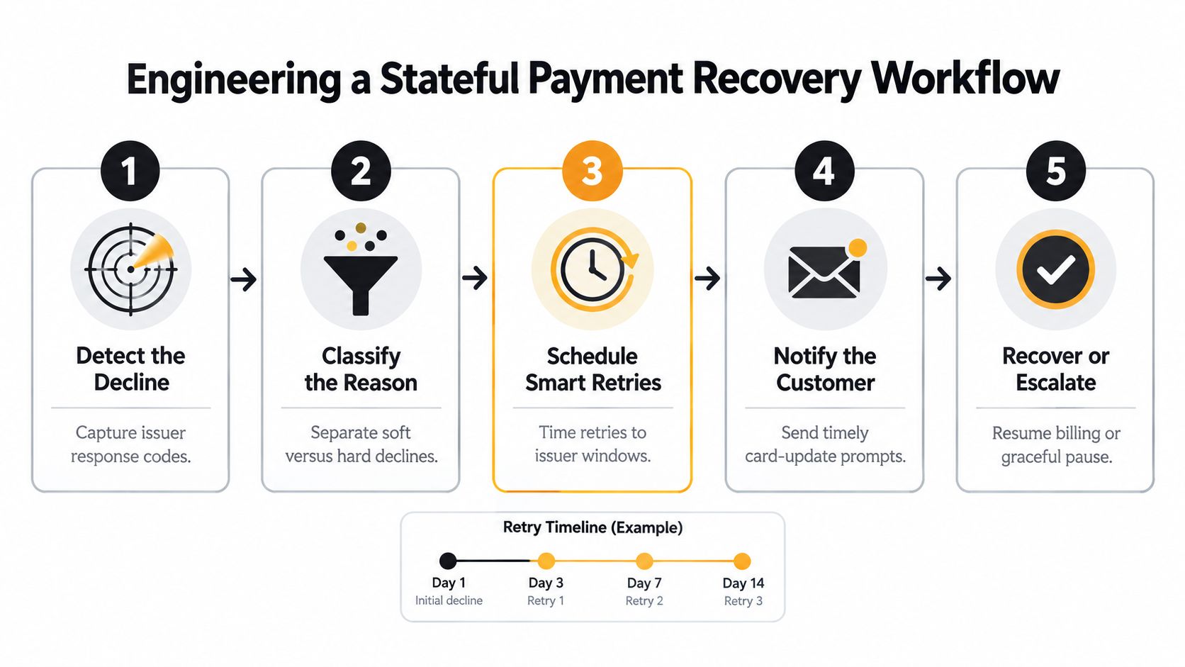 A diagram outlining a five-step stateful payment recovery workflow for managing subscription billing declines and customer retries.