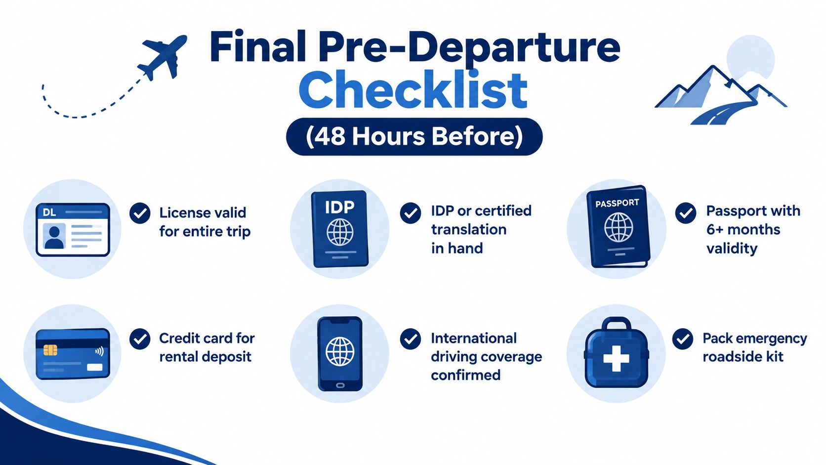 A travel checklist graphic for driving abroad showing requirements like a valid license, IDP, passport, and insurance.