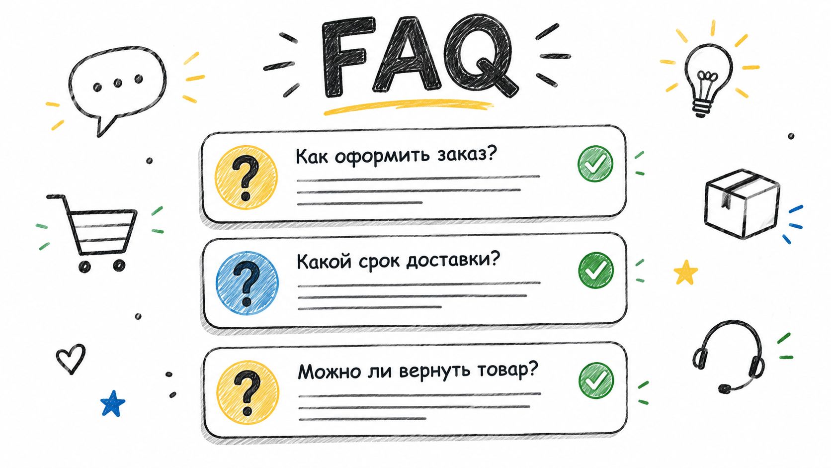 A hand-drawn FAQ infographic featuring common shopping questions with question marks, check marks, and various shopping icons.
