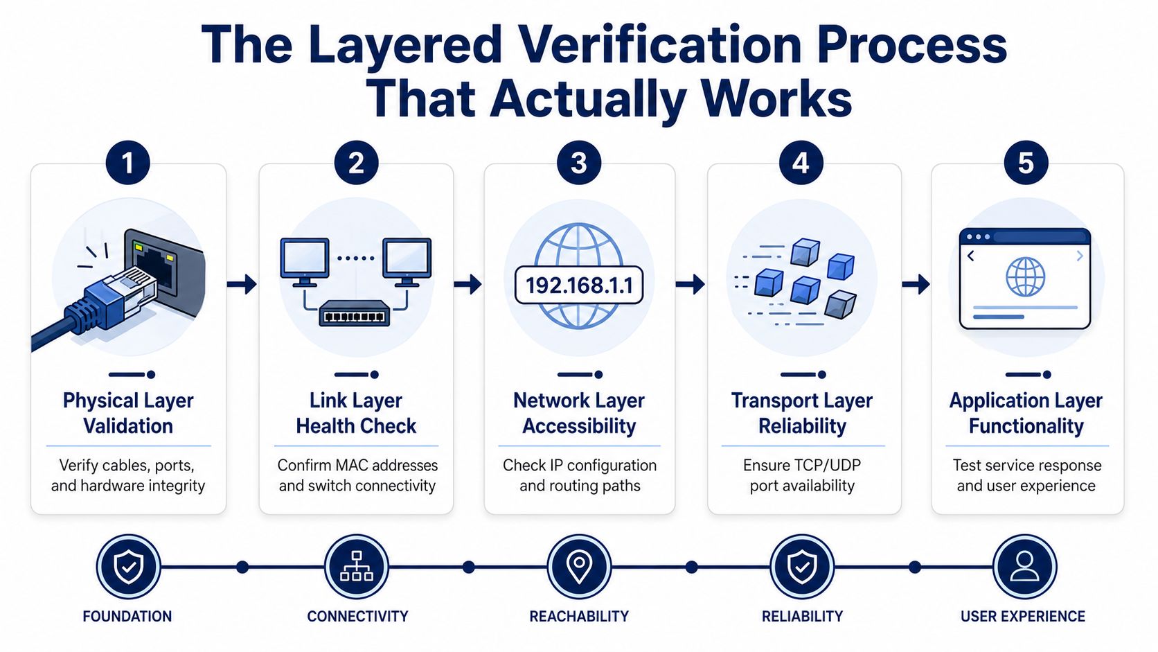 A diagram illustrating a five-step layered network verification process, from physical connection to application layer functionality.