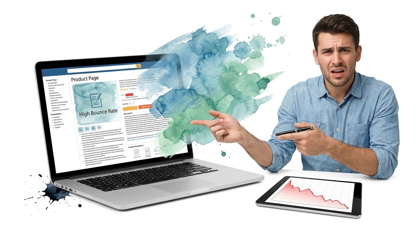 A concerned man pointing at a laptop screen showing a high bounce rate on an ecommerce product page.