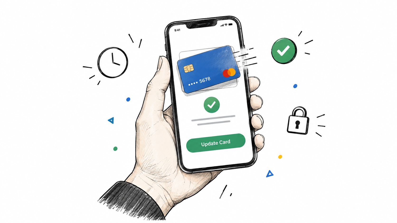 A hand holding a smartphone displaying an update card screen for successful payment or subscription management.