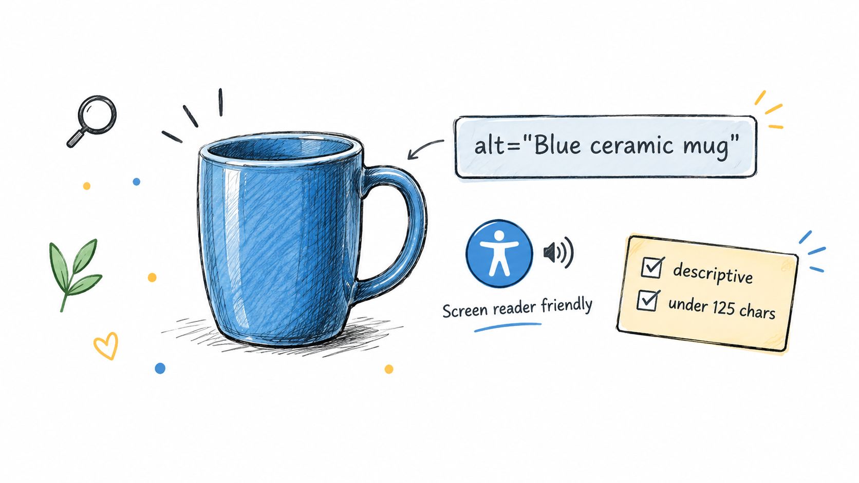 A hand-drawn illustration showing a blue ceramic mug with an accessible alt text example for screen readers.