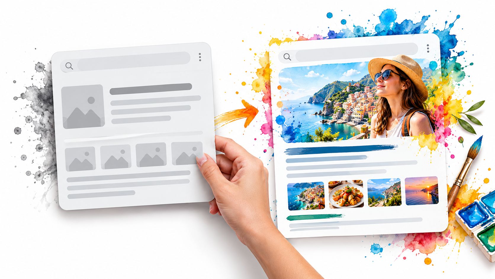 A hand holding a blank web interface frame being transformed into a vibrant, colorful travel website page.