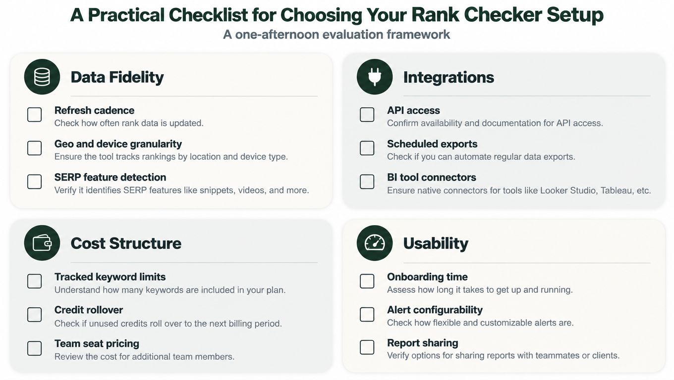 A checklist for evaluating rank checker tools categorized by data fidelity, integrations, cost structure, and usability.