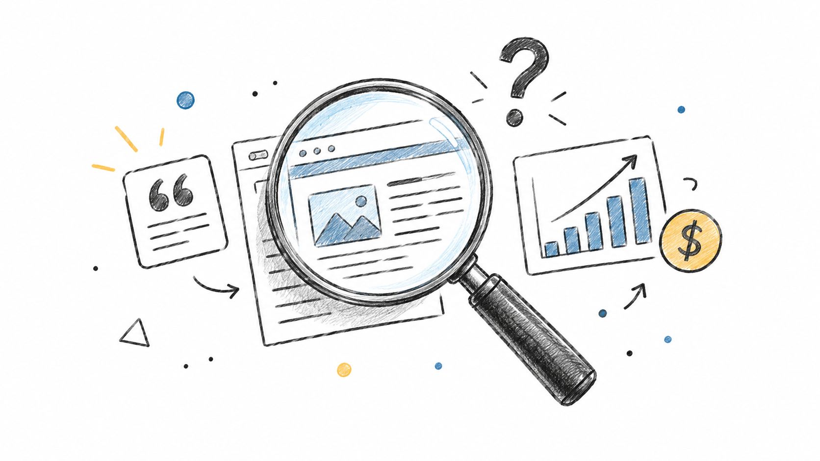 A hand-drawn illustration showing a magnifying glass focusing on website content with data charts and icons.