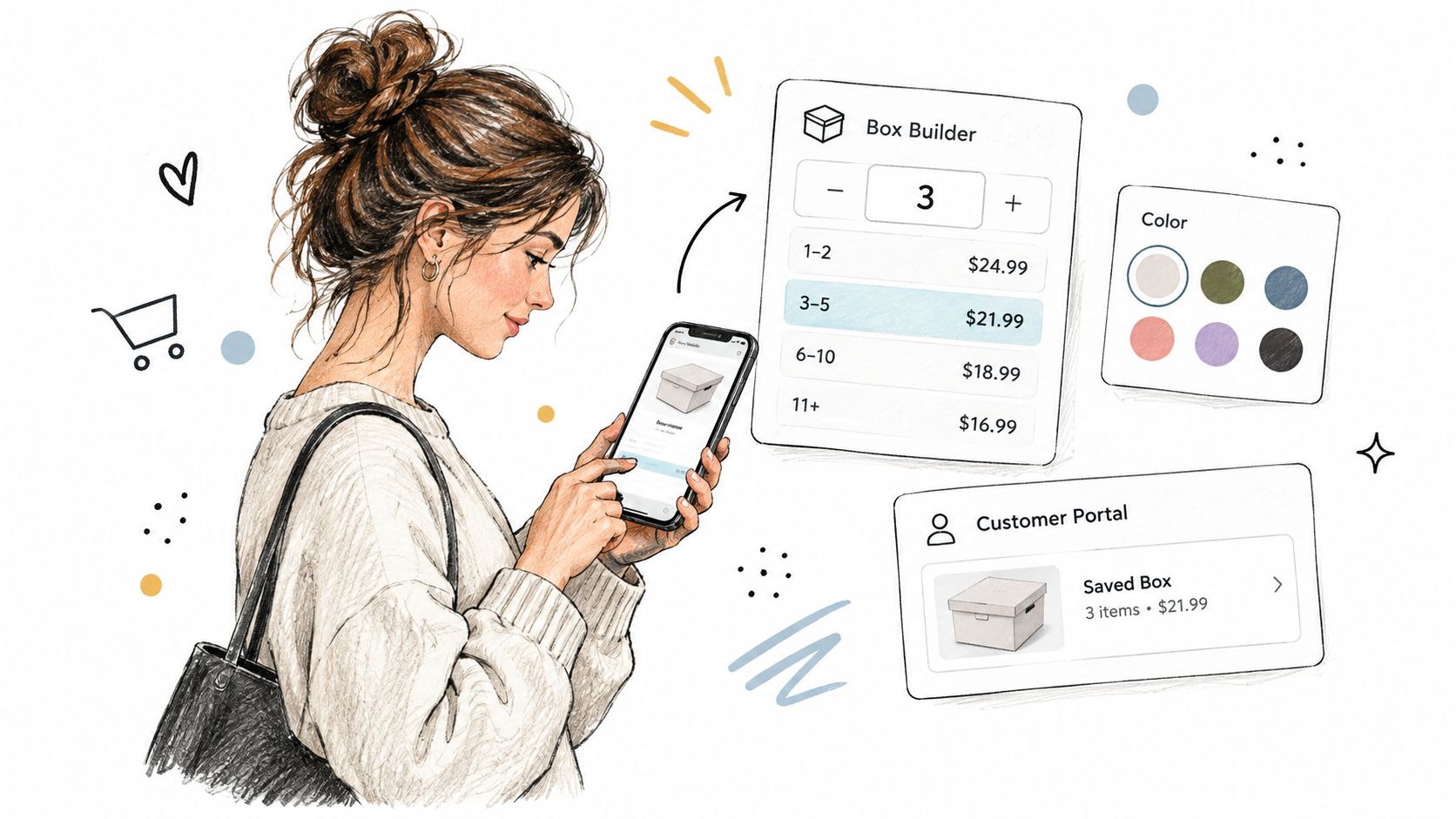 A woman using a smartphone to interact with a Shopify build a box app interface.