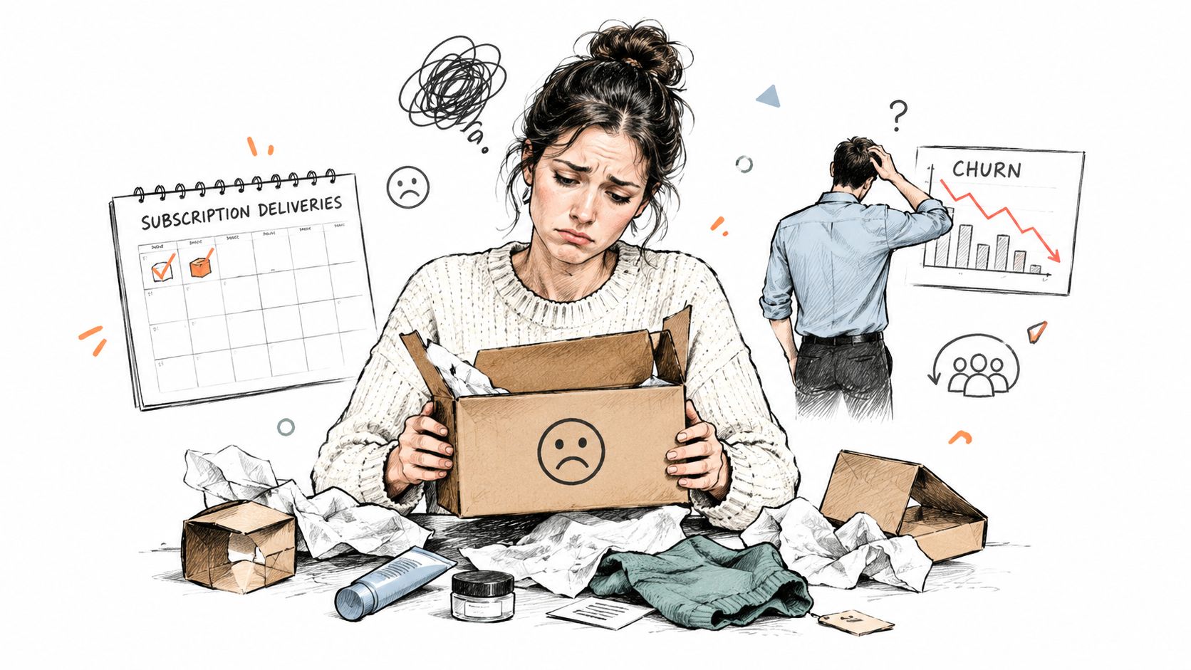 A woman looks sad while opening a disappointing subscription box amidst scattered packaging and a churn chart.