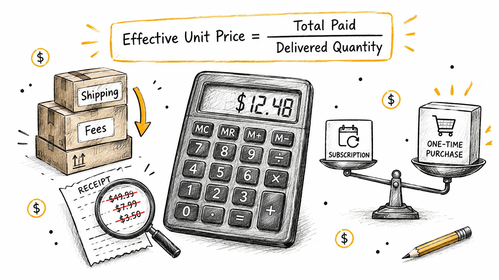 A hand-drawn illustration depicting the calculation of effective unit price including shipping, fees, and receipts.