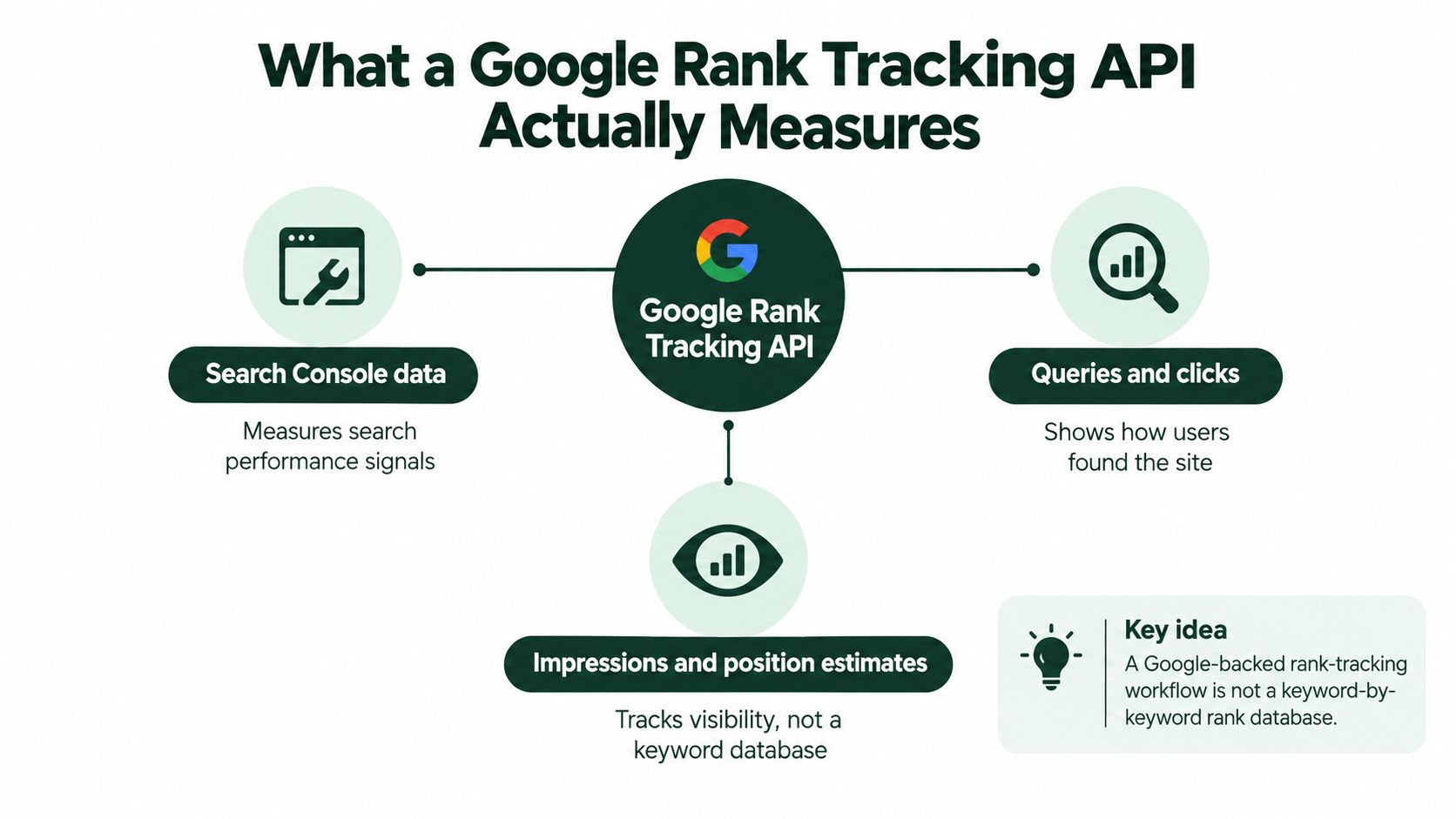 A diagram explaining that a Google Rank Tracking API measures search performance, user queries, and position estimates.
