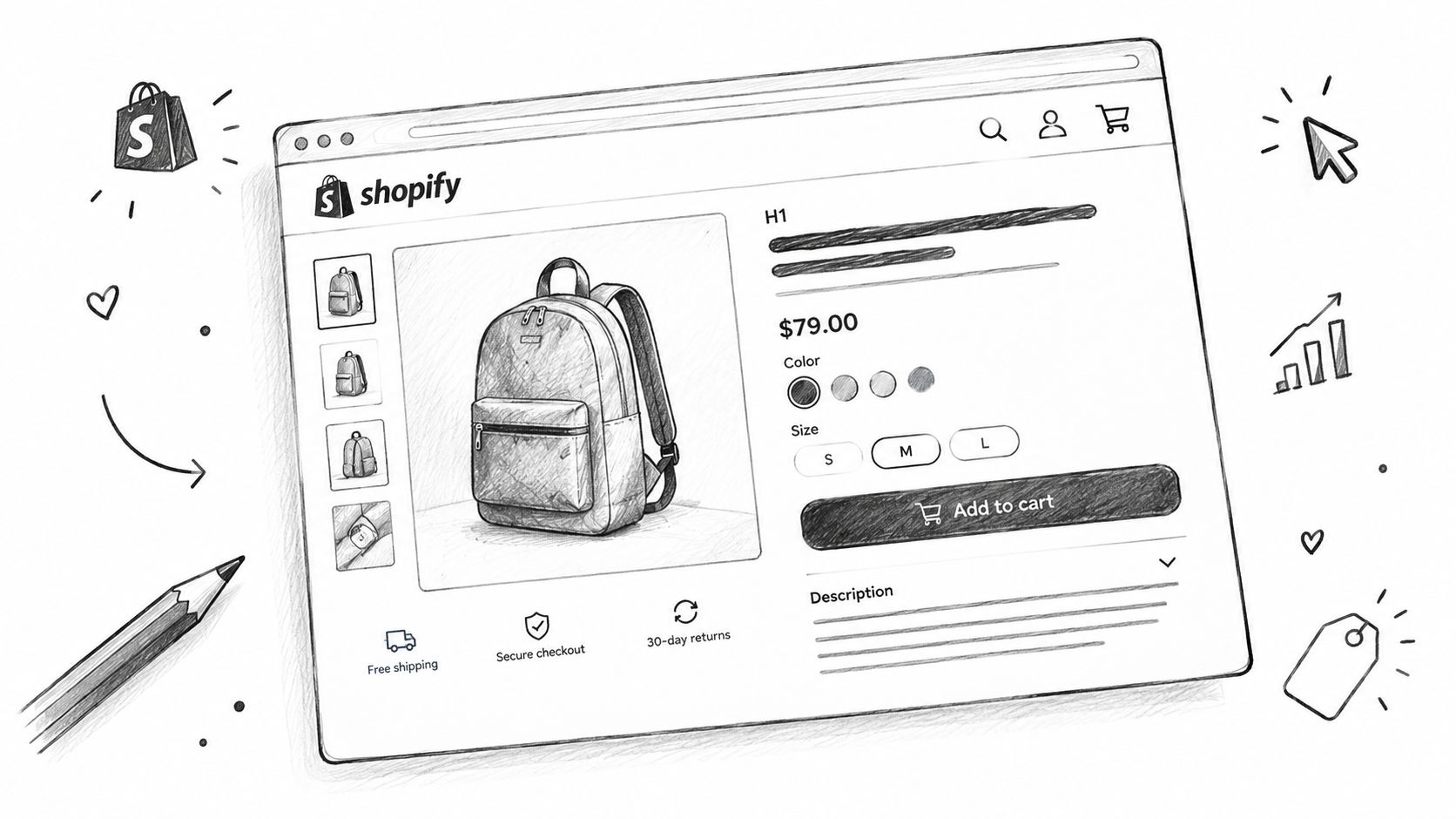 A pencil sketch of a Shopify product page template showing a backpack with purchase options.